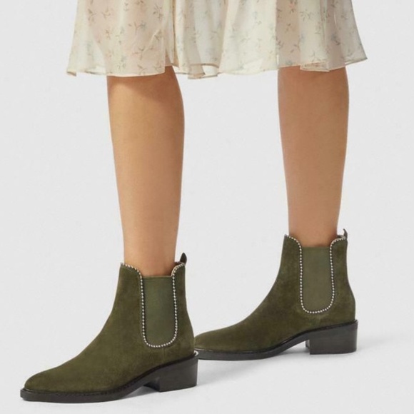Coach Bowery bead Chelsea Khaki Green Suede Leather Ankle Fashion Boots Booties - Picture 2 of 14